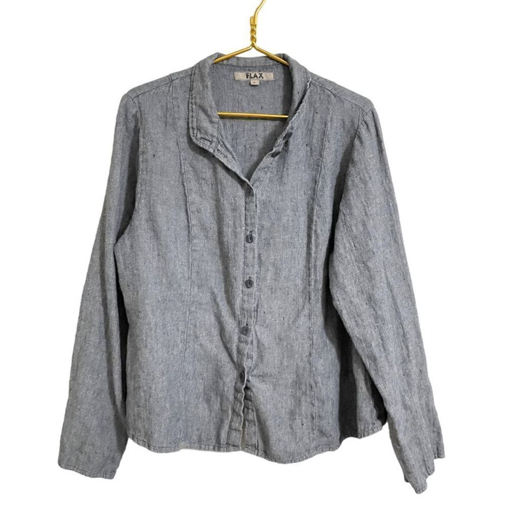 Flax V-Neck Collard Button Down Linen Top Women's L Blue‎